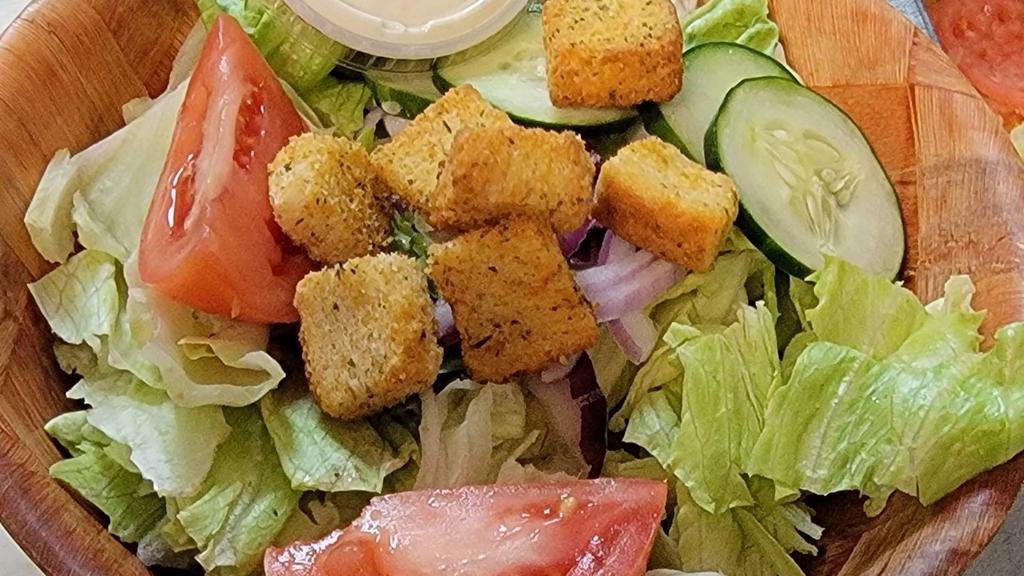 Garden Salad · Tomato, cucumber, red onion, croutons