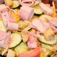 Julienne Salad · ham, turkey, cheddar, tomato, red onions, croutons and cucumbers