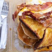 Lumberjack Special · Two pieces French toast, two pancakes, bacon, egg, and cheese.
