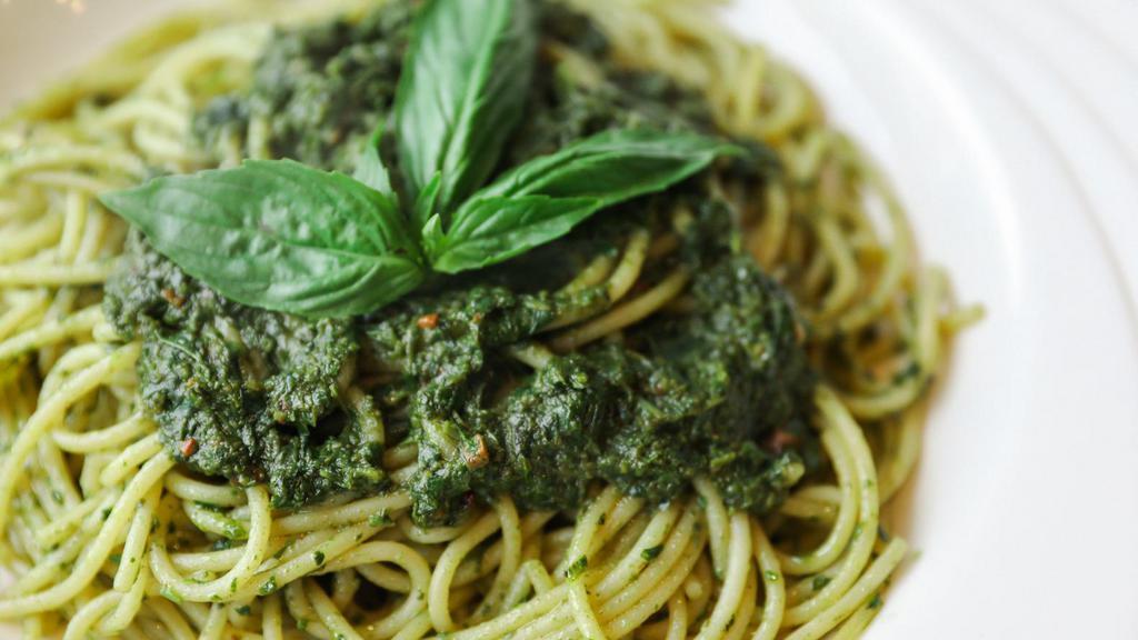 Pasta With Pesto · Our fresh homemade pesto with basil, pignoli nuts, nutritional yeast, olive oil, and lemon.