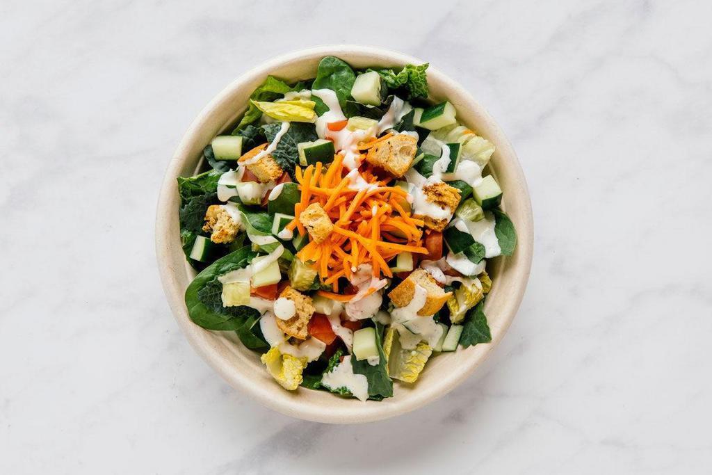 Garden Veggie · lively greens, carrots, tomatoes, cucumbers, house-made croutons, ranch dressing