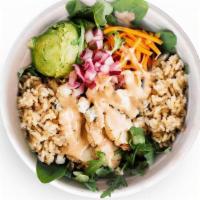Buffalo Chicken · brown rice, chicken, lively greens, gorgonzola, pickled carrots, pickled red onions, mashed ...