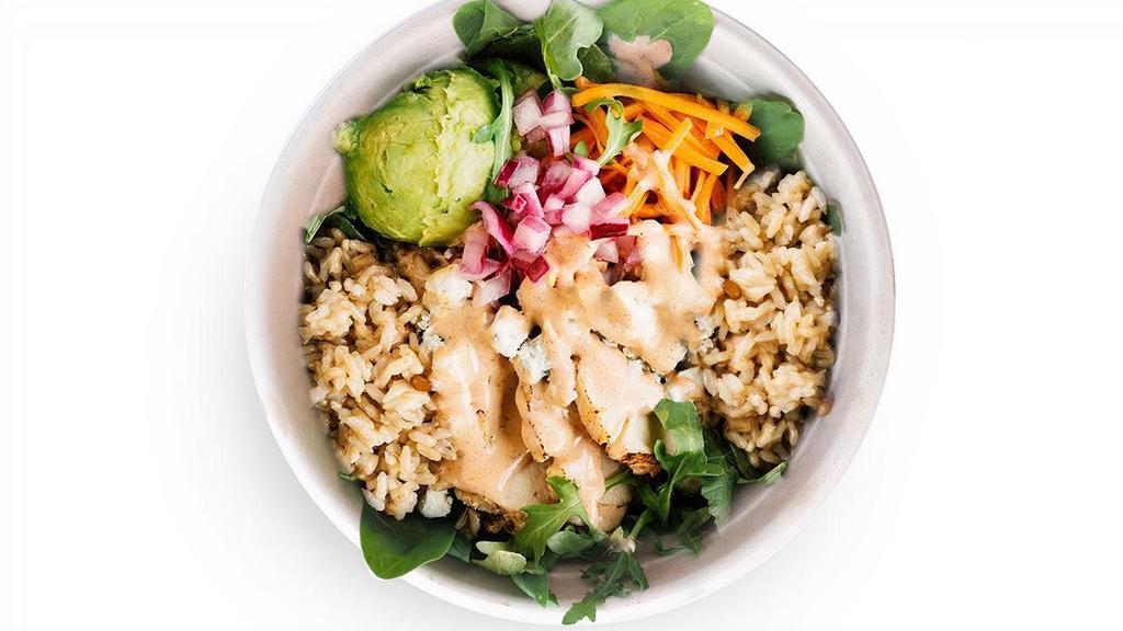 Buffalo Chicken · brown rice, chicken, lively greens, gorgonzola, pickled carrots, pickled red onions, mashed avocado and smokey buffalo ranch