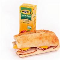 Kids Sandwich · Half turkey and cheese or grilled cheese, kids beverage and a snack