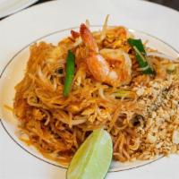 Pad Thai · Thin rice noodle, egg, bean sprout, bean curd, scallion, and ground peanuts.