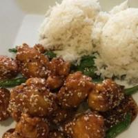 Sesame Chicken · Chunks of boneless fried chicken sauteed over a high flame and blended with sesame sauce.