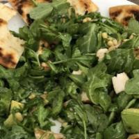 Arugula Chicken Salad · Diced grilled chicken, baby arugula tossed with a garlic parmesan vinaigrette, grape tomatoe...