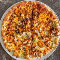 Buffalo Chicken Pizza · Spicy diced crunchy chicken with red onions and peppers.