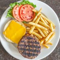 All American Cheese Burger · American cheese, lettuce, tomato, and french fries.