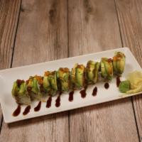 Dragon Roll · Spicy salmon, spicy tuna, cucumber, topped with avocado, spicy mayo, sweet sauce and masago