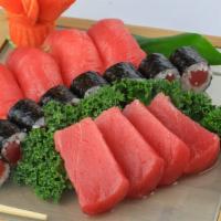 Fancy Tunas (10Pc) · 4 pieces of tuna sushi + 6 pieces of tuna sashimi and a side of tuna roll