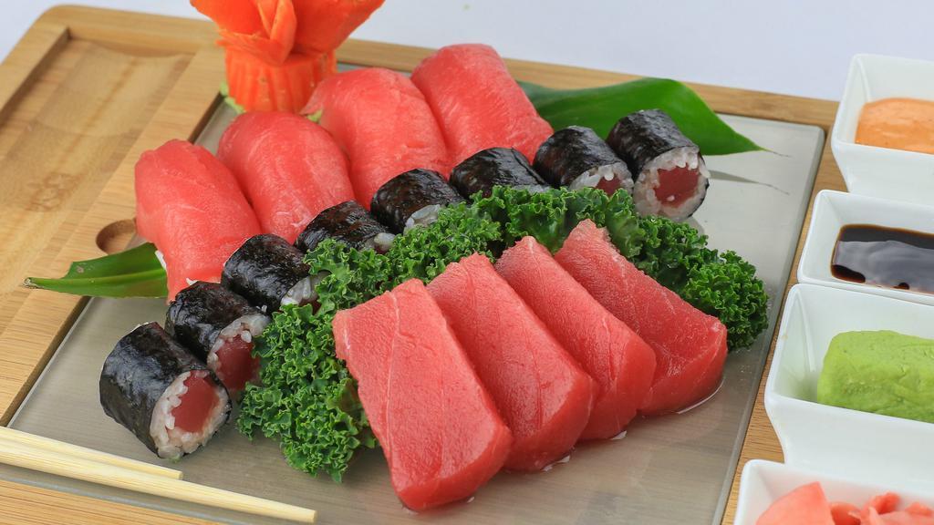 Fancy Tunas (10Pc) · 4 pieces of tuna sushi + 6 pieces of tuna sashimi and a side of tuna roll