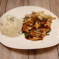 Chicken Teriyaki · Served with white or brown rice & Soup or house salad.