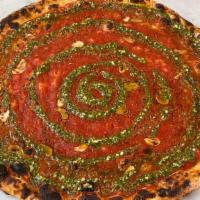 Tomato, Garlic & Basil Pesto Pizza · Frankies Basil Pesto, Bianco Dinapoli Tomatoes, Sliced Garlic, and Sicilian Oregano . (Pesto...
