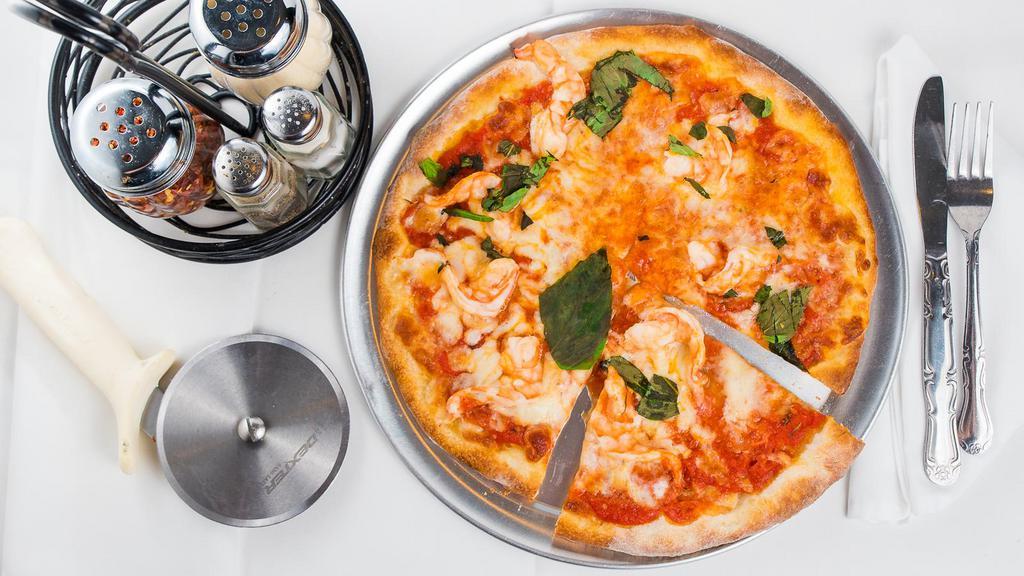 Shrimp Pizza · Sauteed shrimp, marinara sauce, mozzarella & fresh basil.