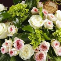 Royal Spring · Stunning royal spring flower arrangement – featuring green hydrangeas, white roses, luxuriou...