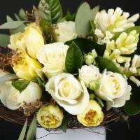 White Delicacy · Spring soft combination of tulips, hyacinths, roses on a branch frame. Beautiful gift to enj...