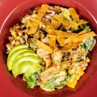 Mango Habanero Chicken Salad · Sweet and Spicy glazed chopped chicken over a bed of romaine lettuce, roasted corn, tomato a...