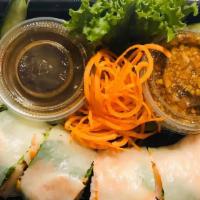 Thai Shrimp Summer Rolls (1 Rolls) · Lettuce, carrot, rice vermicelli, tofu, beansprouts, cucumber, shrimp, garnished with mint l...