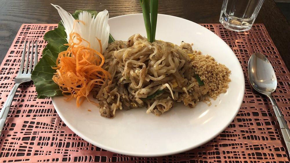 Pad Thai · Your (1) choice of meat chicken, beef, tofu, or shrimp. Sautéed thin Rice noodle with egg, beansprout, garlic chives, and crushed peanut.