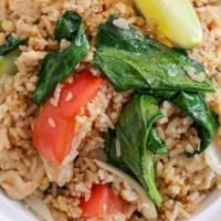 Thai Fried Rice · Gluten-free. Rice, egg, Chinese broccoli, onion, tomato.