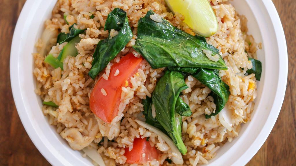 Thai Fried Rice · Gluten-free. Rice, egg, Chinese broccoli, onion, tomato.