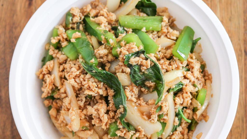 Crispy Basil · Gluten-free. Spicy. Basil, white onion, bell pepper, garlic, chili. Served with Jasmine white rice or brown rice.