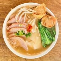 Roast Pecking Duck Noodle Soup · Choice of noodles, roast duck, baby bok choy, bean sprout, fried chicken and shrimp wonton, ...