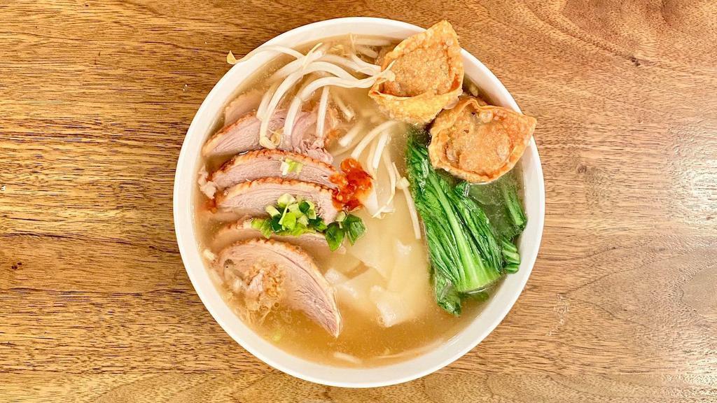 Roast Pecking Duck Noodle Soup · Choice of noodles, roast duck, baby bok choy, bean sprout, fried chicken and shrimp wonton, Thai five-spice broth.