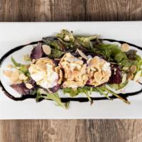 Roasted Beets Salad · Goat cheese, field greens, almonds, lavender honey, and balsamic.
