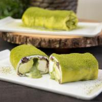 Matcha Crepe Roll · matcha crepe wrapped with match sauce, whipped cream and red beans