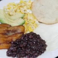 Desayuno Criollo 1 · Breakfast 1 - Arepa, scrambled eggs, black beanssweet plantain, avocado and venezuelan cheese.