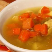Chunky Chicken Soup · Chicken Soup with Noodles and Veggies. Served Cold. One Quart serves Two People.