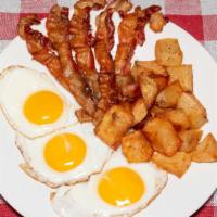 Prova Egg Platters With Meat · three eggs any style with home fries, and toast.