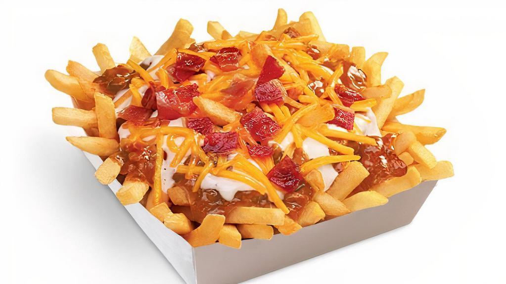 Bacon Chili Cheese Fries · Chili cheese fries with bacon.