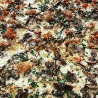 4 Cheese & Mushroom · Four cheese blend, mozzarella, roasted mushrooms and white truffle oil.