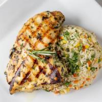 Herb Marinated Grilled Chicken · With vegetable rice medley.