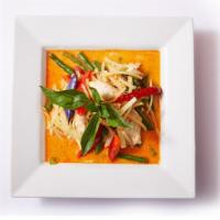 Red Curry Lunch · Spicy, sweet and savory. Red chilies, green beans,  bamboo shoots, bell peppers and basil le...
