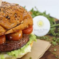 Garden Burger · Brioche bun, avocado spread, veggies patty, fresh tomato, lettuce, mayo, e.v.o