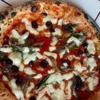 Napoletana Pizza · Tomato sauce, mozzarella, anchovies, capers, black olives, oregano