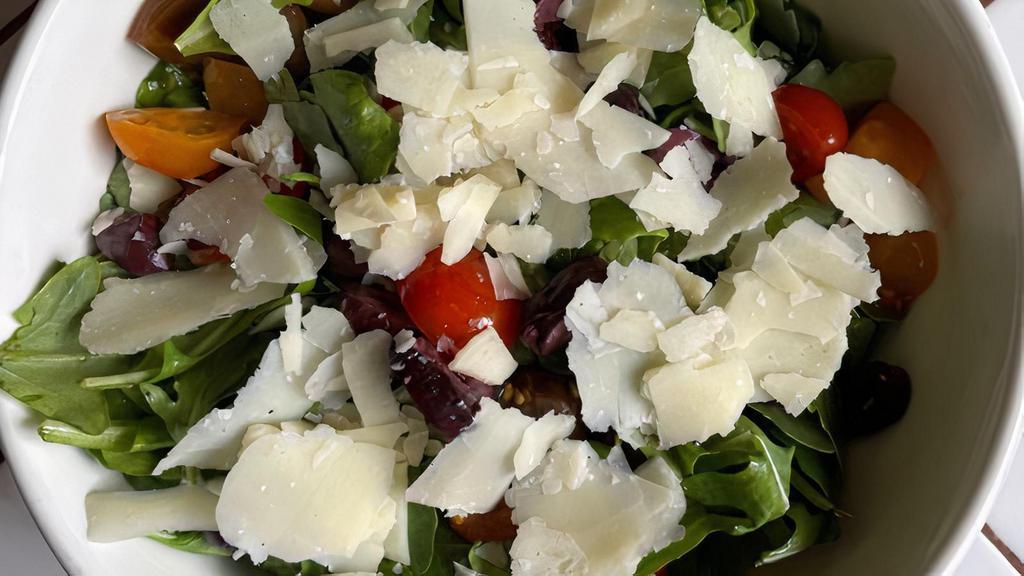 Rucola E Parmigiano Salad · Arugula, cherry tomato, black olives, shaved parmigiano reggiano 24 months
