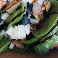 Spinach Salad · Baby Spinach, Blueberries, Pecorino Cheese, Walnuts, Lemon Dressing, Balsamic Glaze