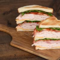 Chicken Club Panini · Fresh hot panini with grilled chicken, provolone cheese, crispy bacon, mixed green lettuce, ...
