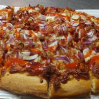 Buffalo Chicken Pizza · Buffalo sauce topped with chicken, onions, bacon, and cheese.