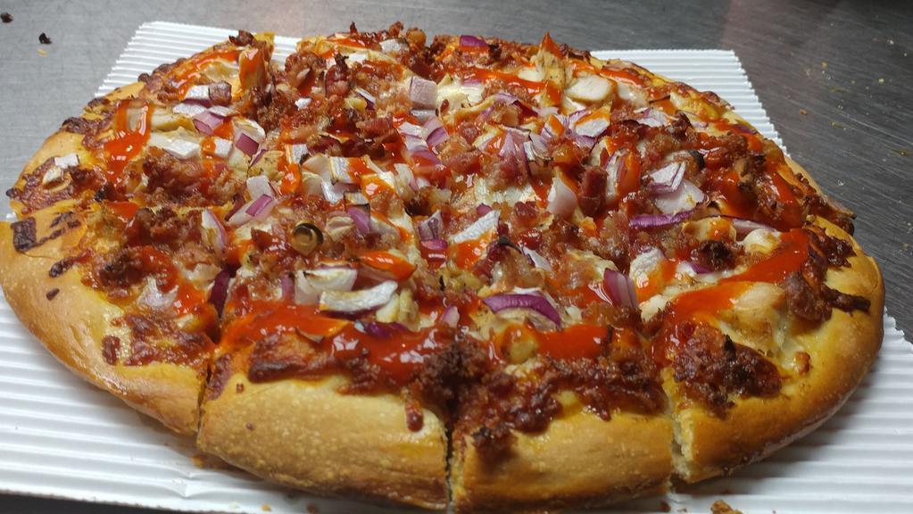 Buffalo Chicken Pizza · Buffalo sauce topped with chicken, onions, bacon, and cheese.