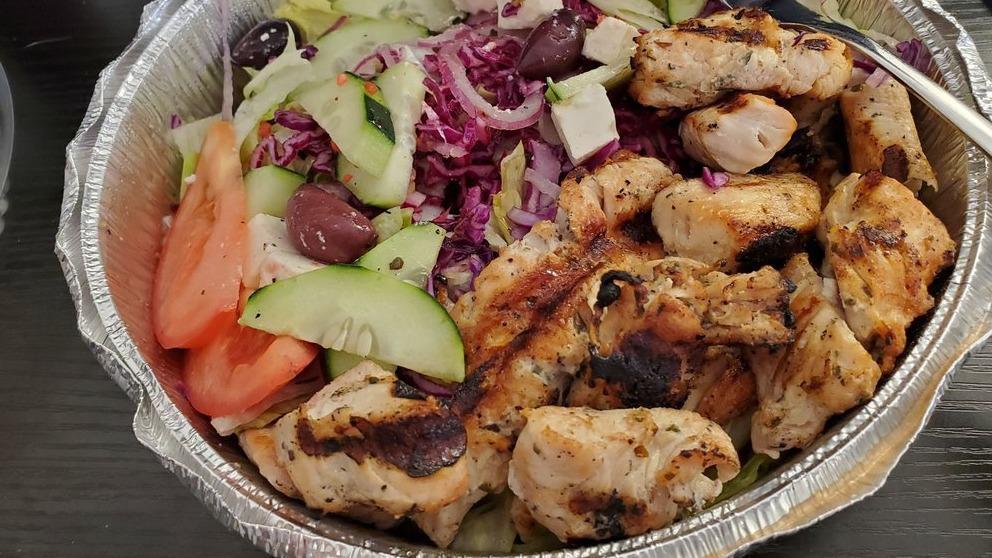 Chicken Kebab (Platter) · Platters Served with Greek Salad, Pita, Tzatziki and Your Choice of Side: Rice, French Fries or Extra Salad Premium Sides: Quinoa, Greek Fries, Mozzarella Fries, Sautéed Spinach or Sautéed Broccoli, Whole Wheat Pita for an additional charge.