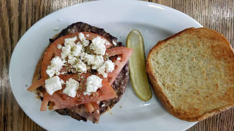 Greek Burger · Chef's recommended. Crumbled Feta, Tom. and Oregano.