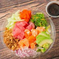Large Make Your Own Poke · Choice any three proteins, with as much mix in as you wanted.