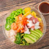 Hawaiian Bowl · Salmon, tako, avocado, edamame, mango , pineapple chunk, seaweed salad, cucumber, jalapeño, ...