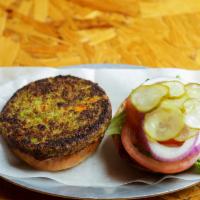Classic 100% Veggie Burger · All vegan patty made of carrots, onions, string beans, oat brans, soybeans, zucchini, peas, ...